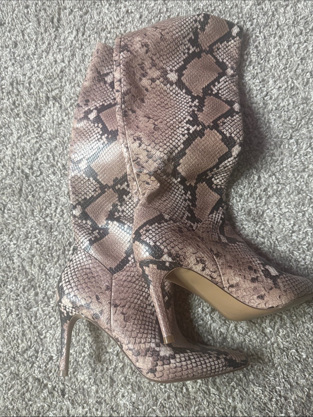 Brown Snake-Print Knee-High Stiletto Boots